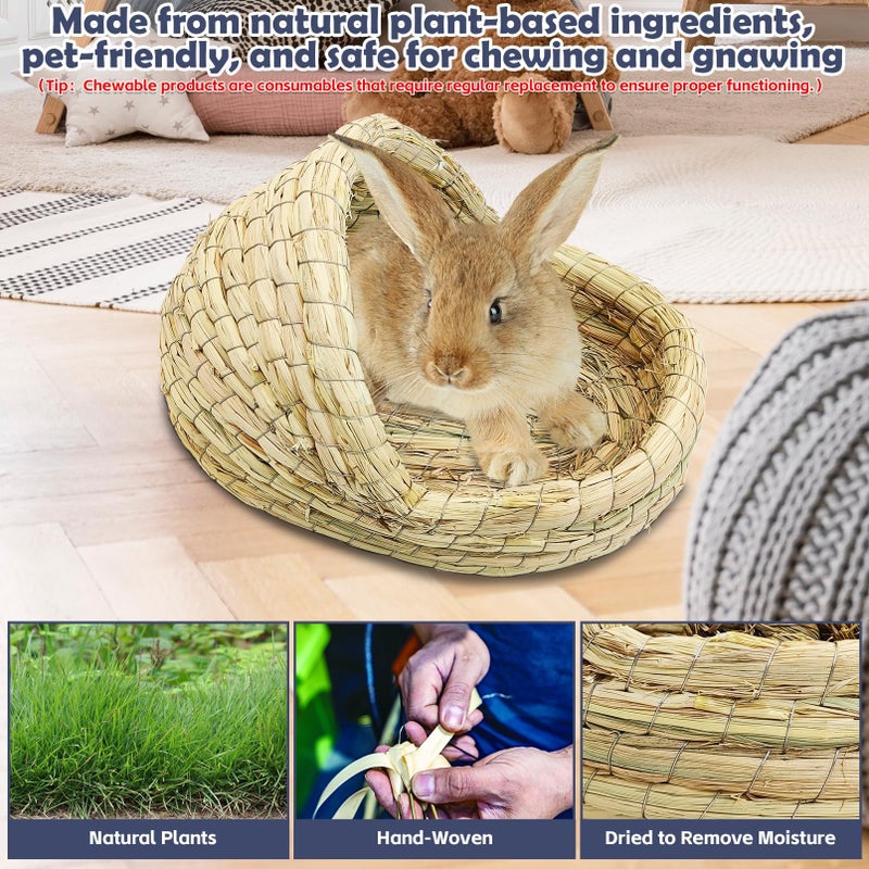 kathson Rabbit Grass House Bunny Woven Hay Bed Guinea Pig Hideout Hand Woven Natural Grass House for Hamster and Small Animals with Hay Chew Balls Toys - Image 3